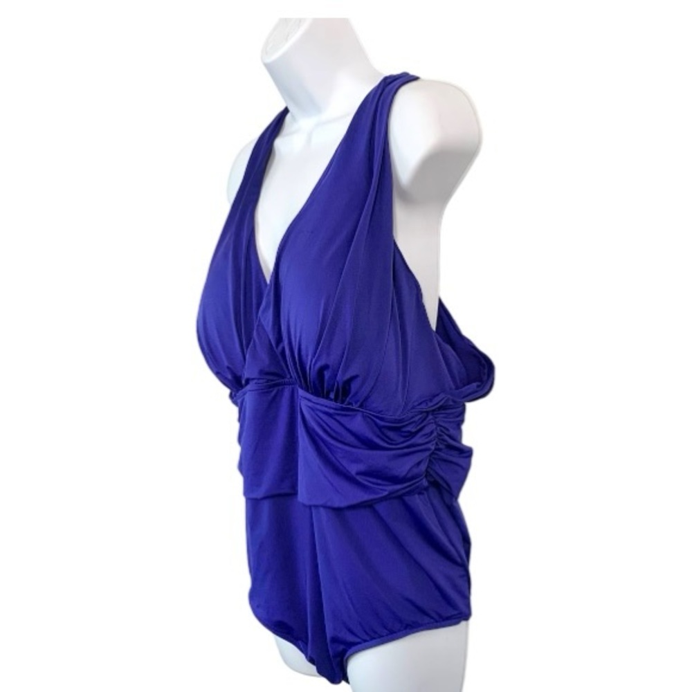 BADGLEY MISCHKA Mío Plunge Midnight Blue Shirred Waist 1 pc Swim Sz 18 - Picture 8 of 13